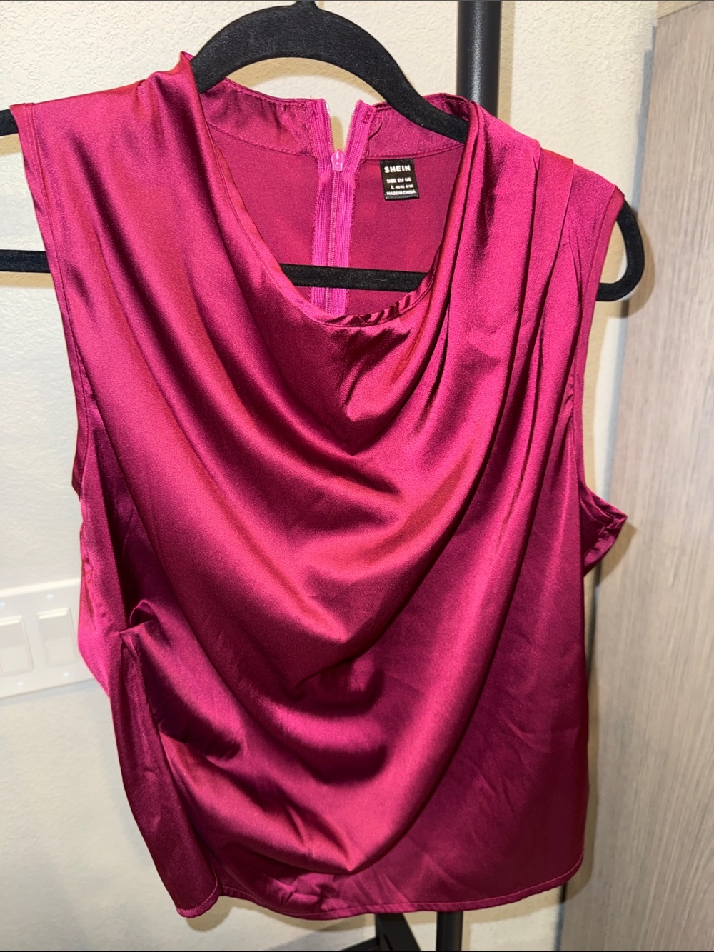 SHEIN Satin Drape Neck Sleeveless Blouse in Fuchsia